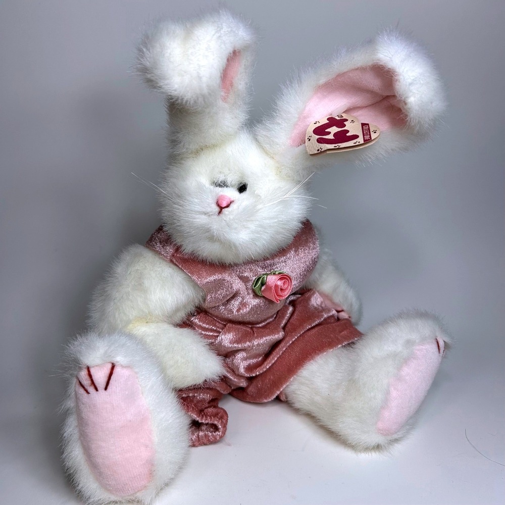 Ty Attic Treasures White Bunny Rabbit Sara Plush Pink Velvet Rose 1993 Vintage